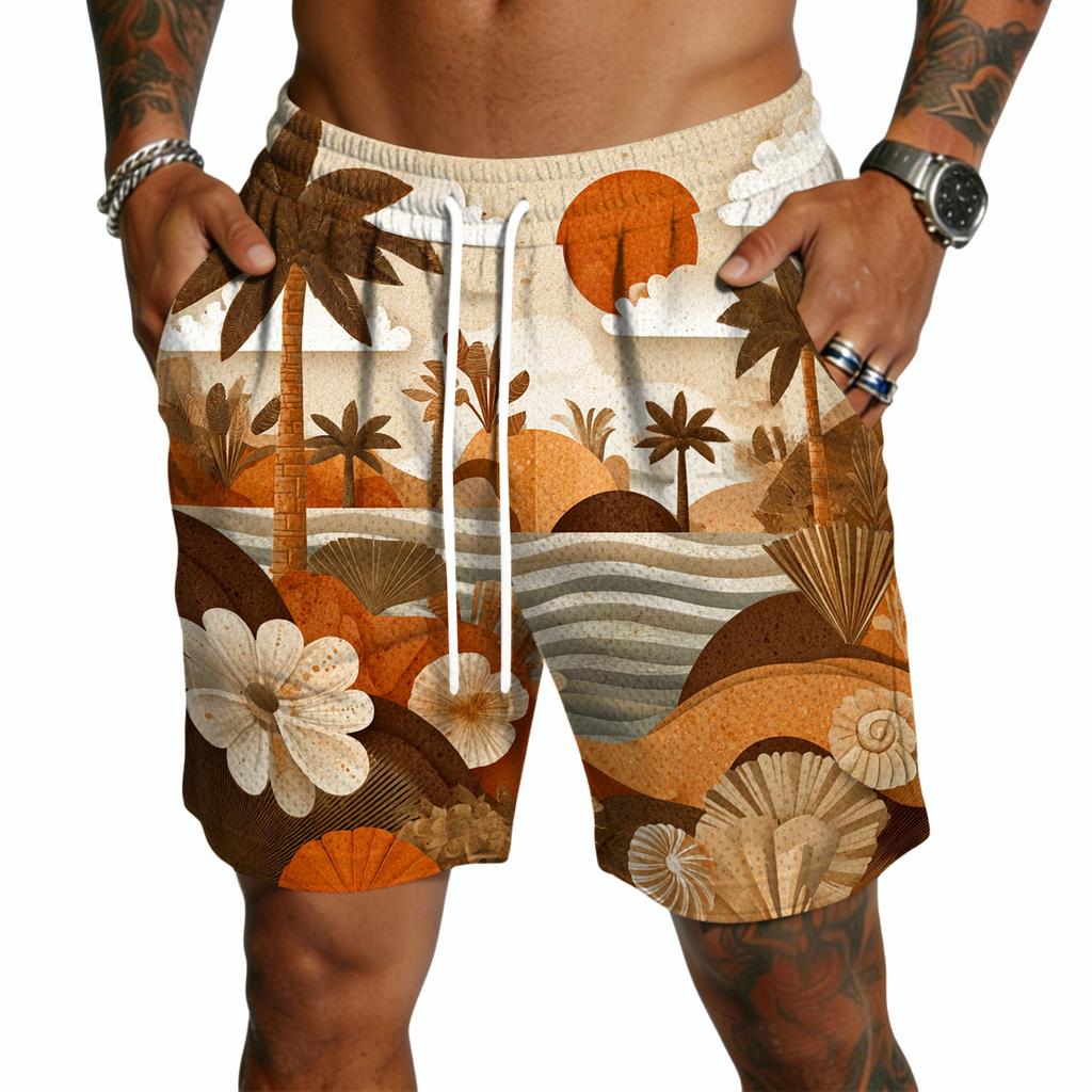 Pantalones Cortos Casuales Ligeros para Hombre con Cordón Secado Rápido Tiro de Cinco Pulgadas Cintura Elástica Diseño Estampado Hawaiano para Actividades al Aire Libre