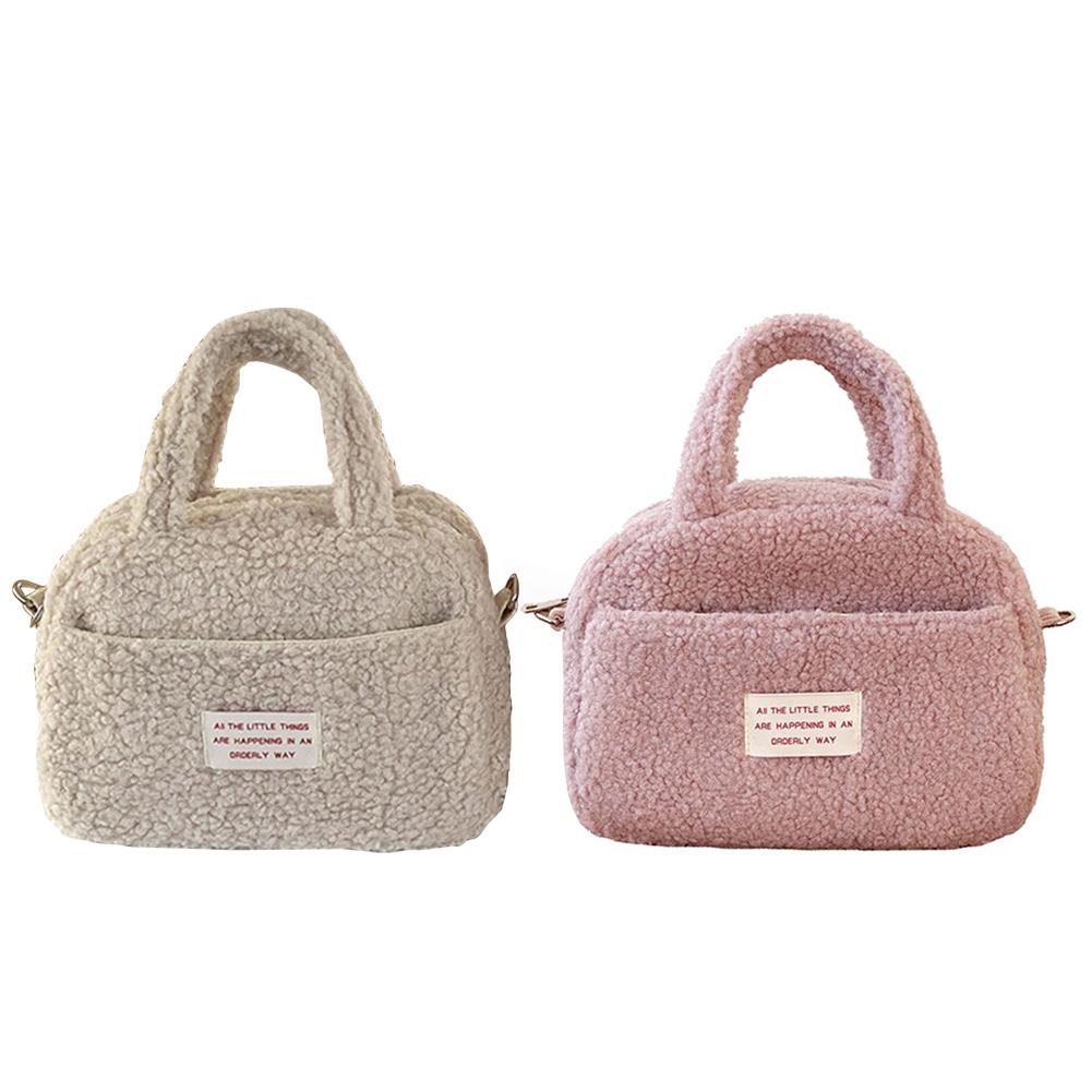 

Women Top Handle Bag with Zipper Crossbody Bag Soft Fluffy Satchel Bag Solid Color Female Winter Daily Bag