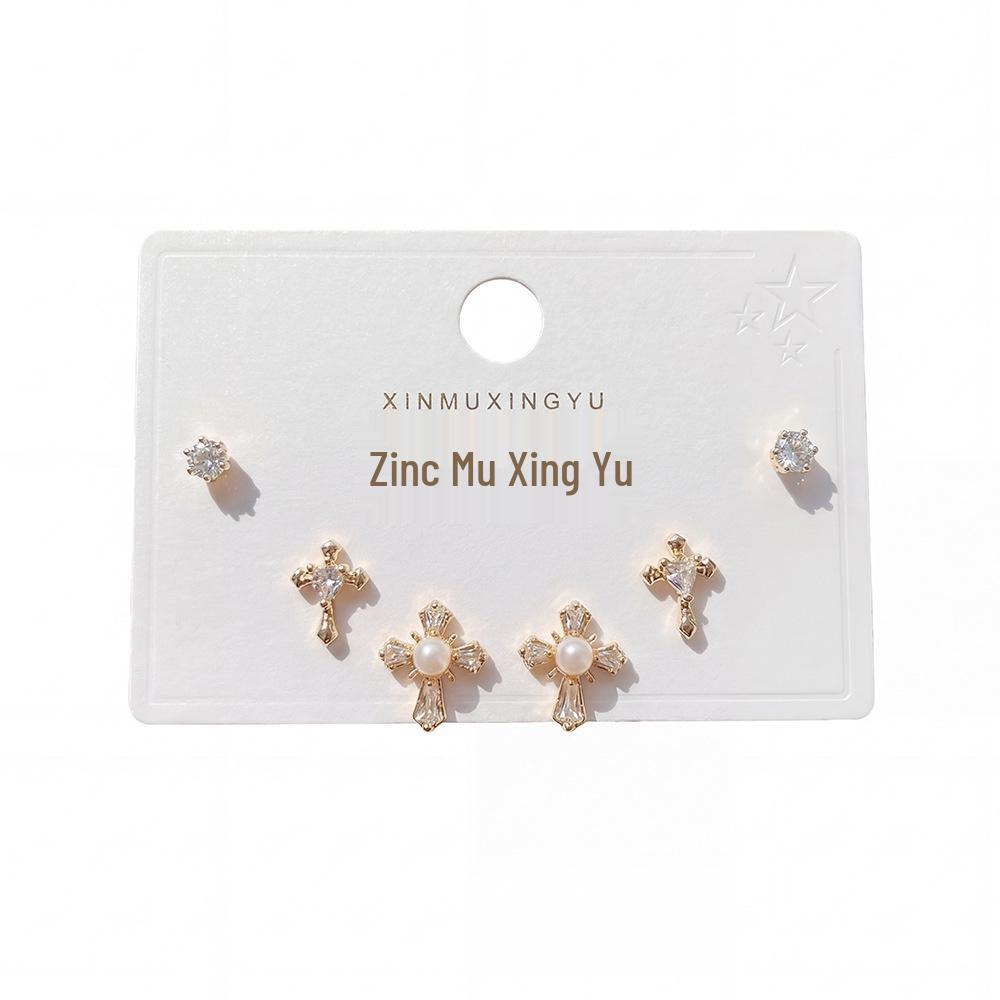 Elegant Rhinestone & Pearl Cross Stud Earrings Set for Women - Three-Piece Luxurious Accessory Collection