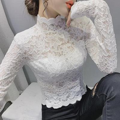 2021 Autumn Stand-up Collar Lace Long Sleeve Hollow Slimming Women's Top