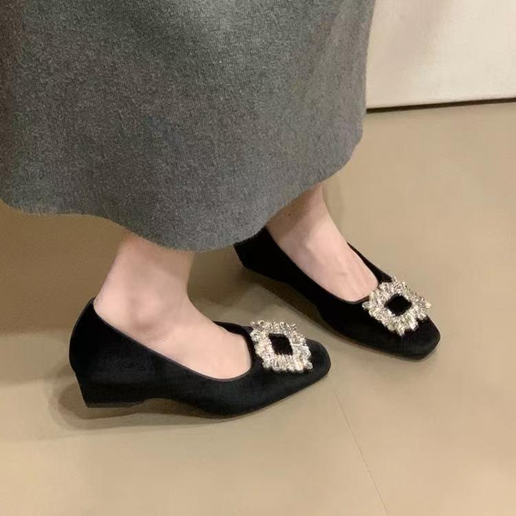 Rhinestone Thick Heel Single Shoes New with Skirt Temperament Elegant Square Buckle Light Mouth High Heels