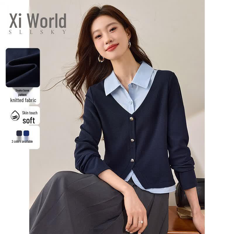Women s Retro Academy Style Faux Two-Piece Knit Sweatshirt XL