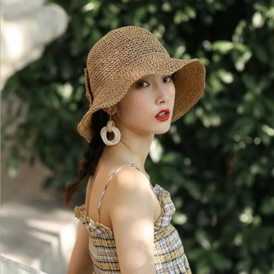 1 Pcs New Sun Sunshade Hat for Women Folding Bow Japanese Artistic Resort Beach Straw Weaving Hat
