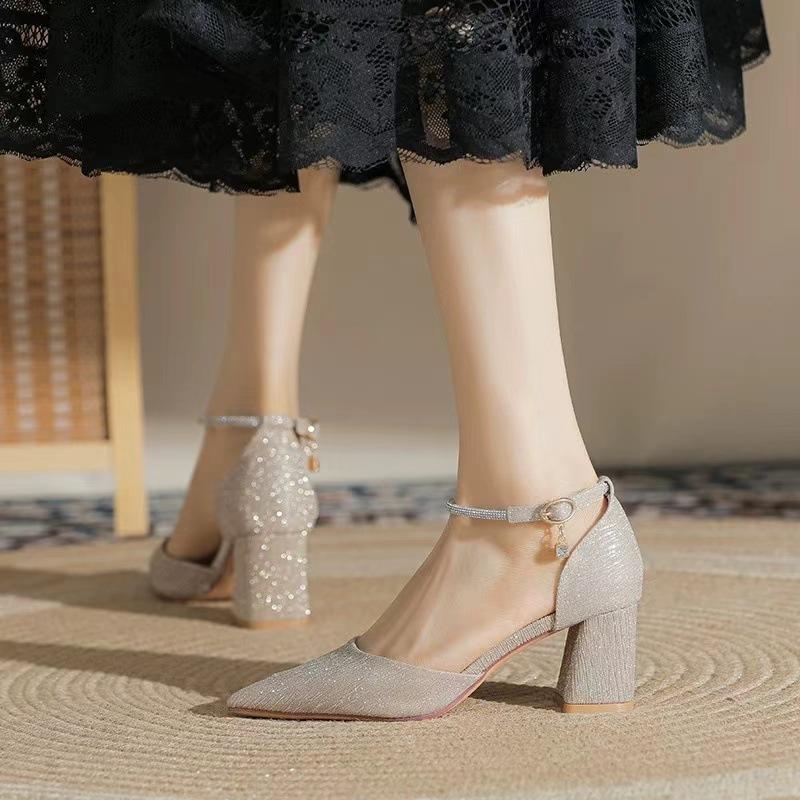 Hot Selling French Girl Pointed High Heels Thick with 2025 New Shallow Mouth Empty Single Shoes Womens Shoes Zapatos De Mujer