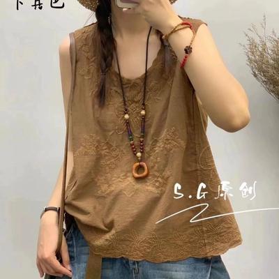 Summer New Product Literary Embroidery Cotton Vest T-shirt Sleeveless Bottoming Top Women's Thin Outer Wear Thin Suspenders