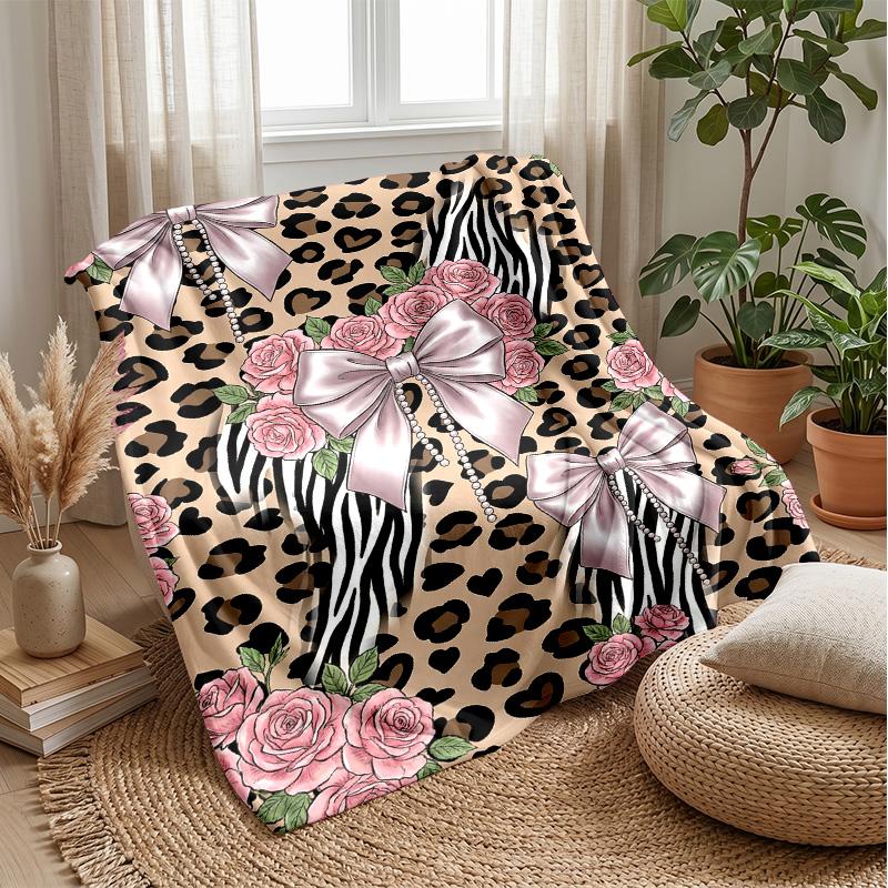 Leopard Roses and Bow Theme Blanket Lightweight Warm Flannel Blanket Decorative Throw Blanket for Home Decoration
