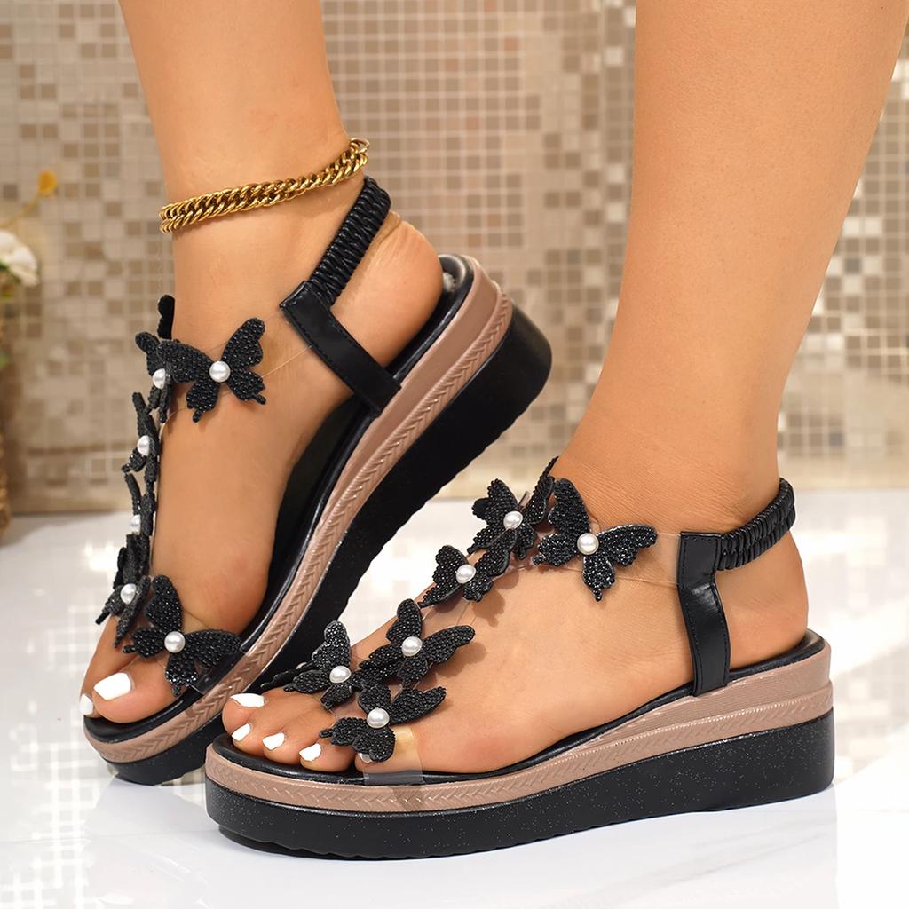 Fashion Women Sandals Lightweight Elastic Band Sandals 2025 New Slip on Wedges Shoes Woman Rhinestone Butterfly Platform Sandals Women