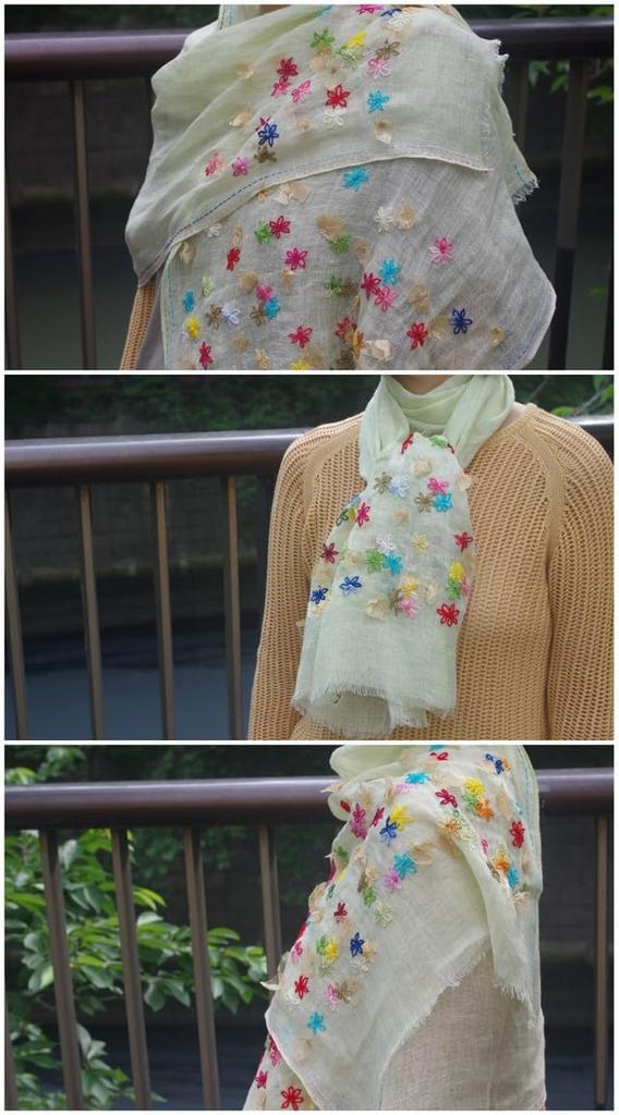 All Over the Linen Stole Embroidered Scarf Floral Ribbon Gauze Hemp Handmade Green [.a World] 100% Women's (Light Green)