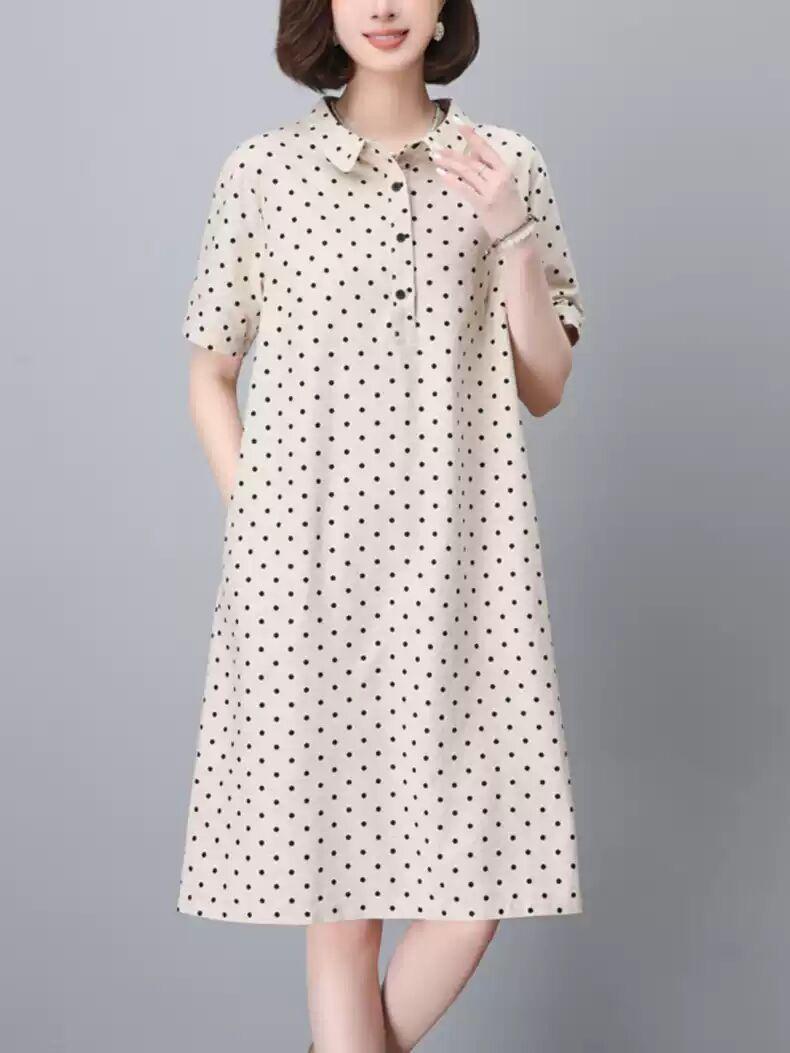 

2025 літо новий вільний повсякденний приховуючий фігуру та стрункий темперамент материнська сорочка спідниця горошок бавовняно-лляна сукня, жіноча XL