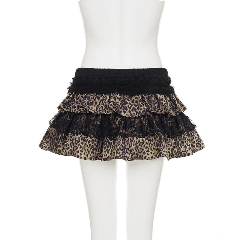Leopard Print Lace Patchwork Y2K Skirt - European & American Sexy Slim Fit