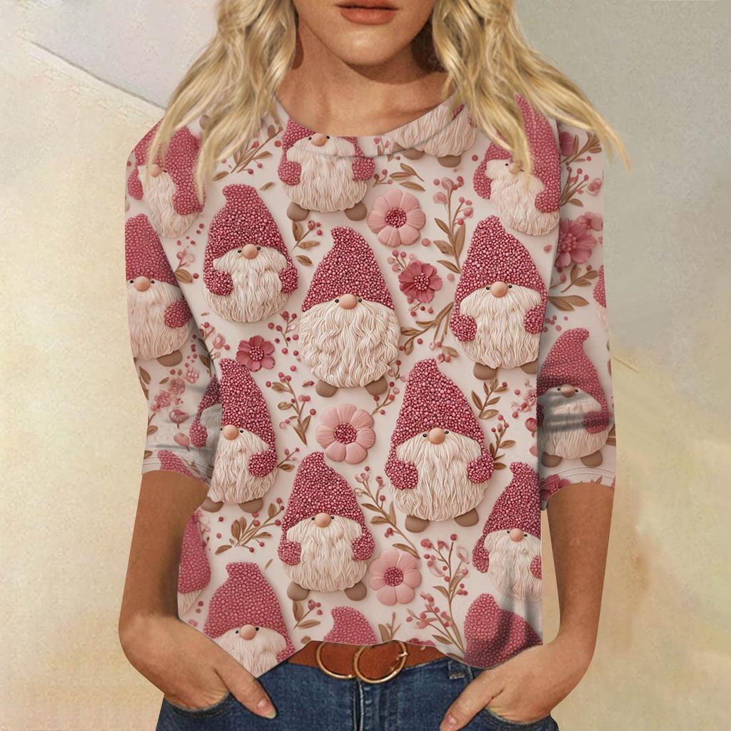 Moda damska Casual Okrągły dekolt Rękaw 3/4 Luźny T-Shirt z nadrukiem Damski top