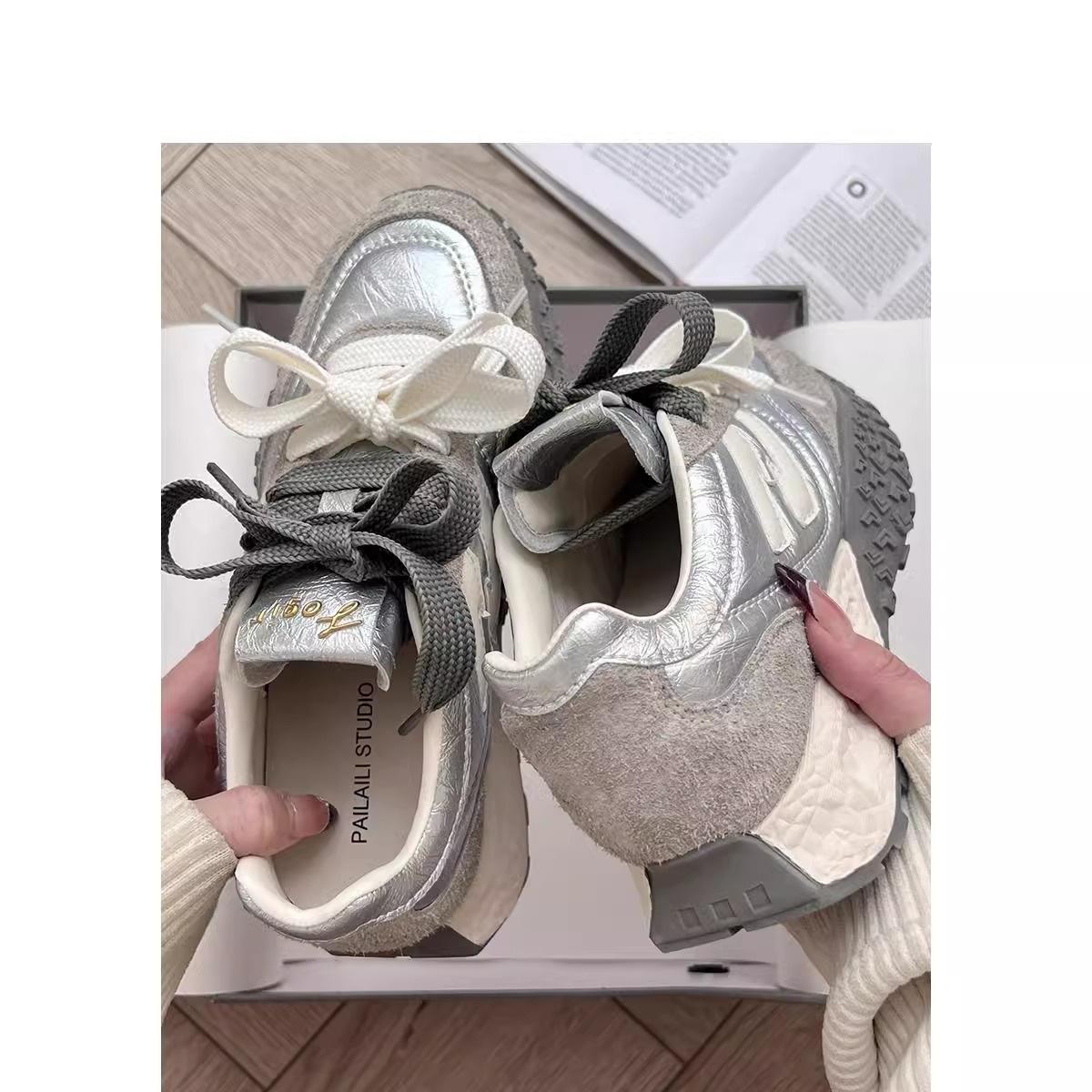 

5cm height increase small thick-soled German training shoes splicing matte leather niche leisure sports Forrest Gump dad shoes women 39 срібний