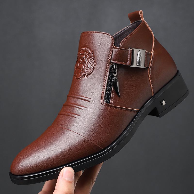 2024 Men's High-Top Martin Boots: Autumn/Winter Fleece-Lined Leather Shoes with Side Zipper