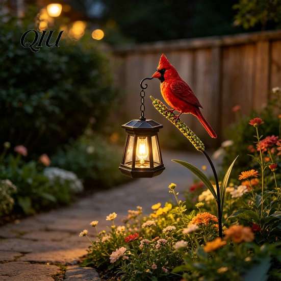 Outdoor Metal Garden Decor Solar Light, Red Bird Lantern, Stake Yard Decor, Weather Resistant Lawn Ornaments Warm Glow Lantern for Patio Porch,