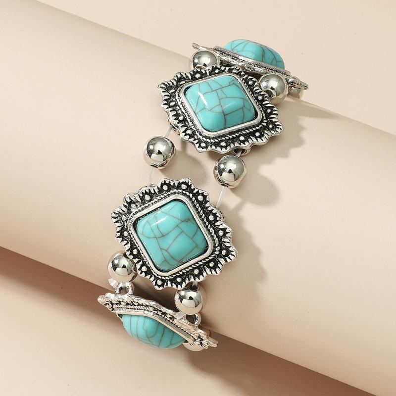 New Fashion Boho Turquoises Ear Studs Elastic Bracelet Bangle For Women Ethnic Vintage Bohemian Party Jewelry Gift