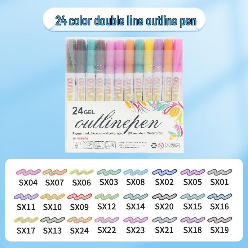 48-Color Fluorescent Dual-Line Metallic Outline Pen Set