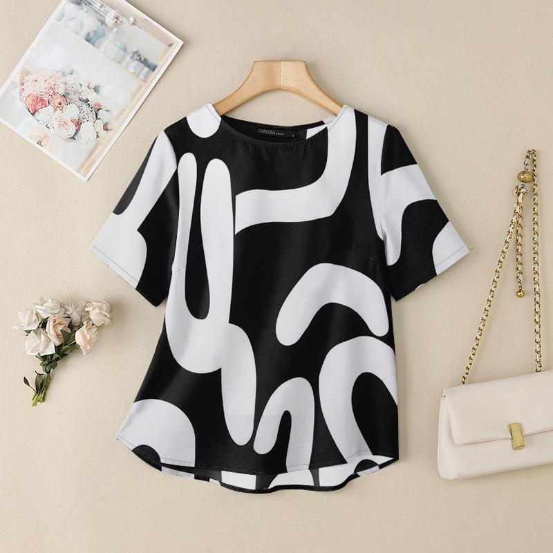 

ZANZEA Женская повседневная летняя блузка с круглым вырезом и коротким рукавом с принтом L