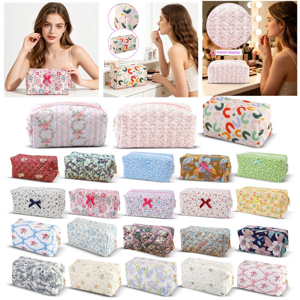 Quilted Cosmetic Bag with Floral Print Large Capacity Makeup Organizer Travel Toiletry Storage Pouch for Women