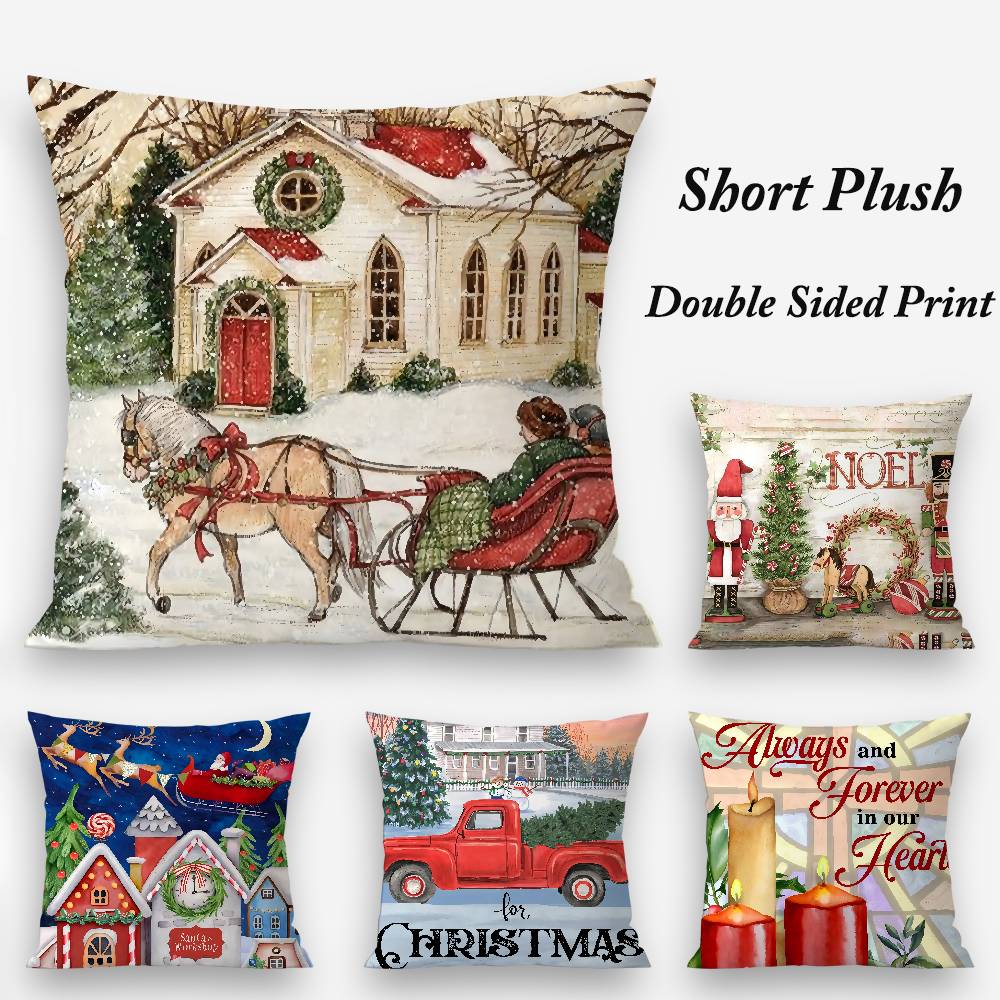 Christmas Red Candle Pillow Case Plush Fabric Soft Double Sided Print Sofa Cushion Cover Throw Pillow Covers
