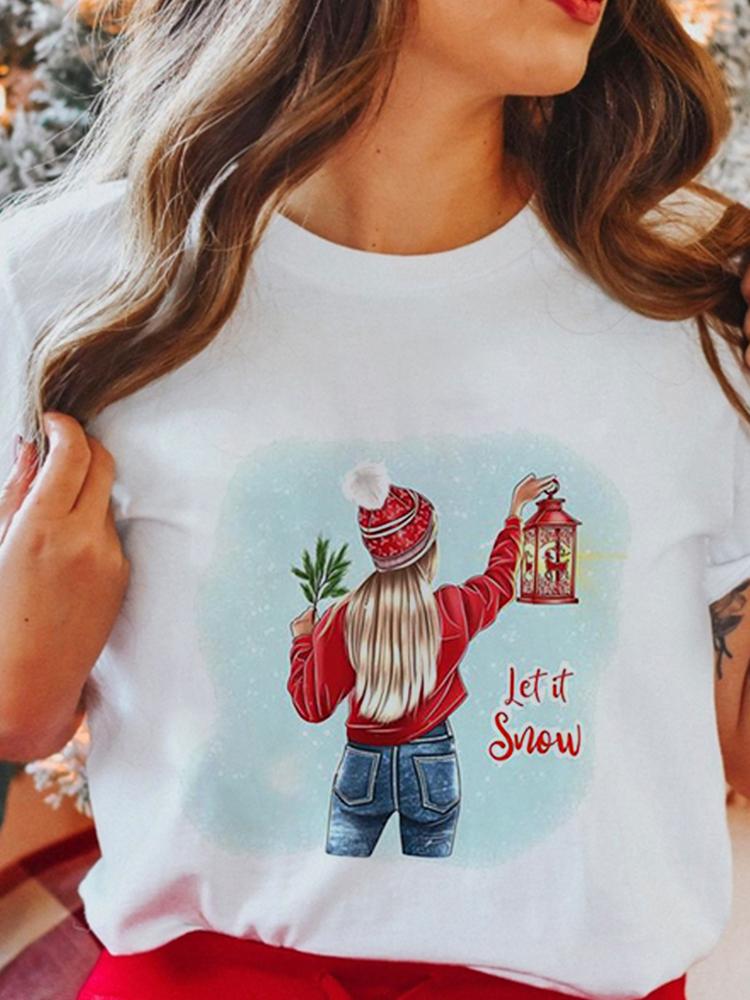 Women's Tops Christmas Short Sleeve Tees Female Summer Beach Funny Cartoon Santa Reindeer Printed T-Shirt Regular Graphic Female