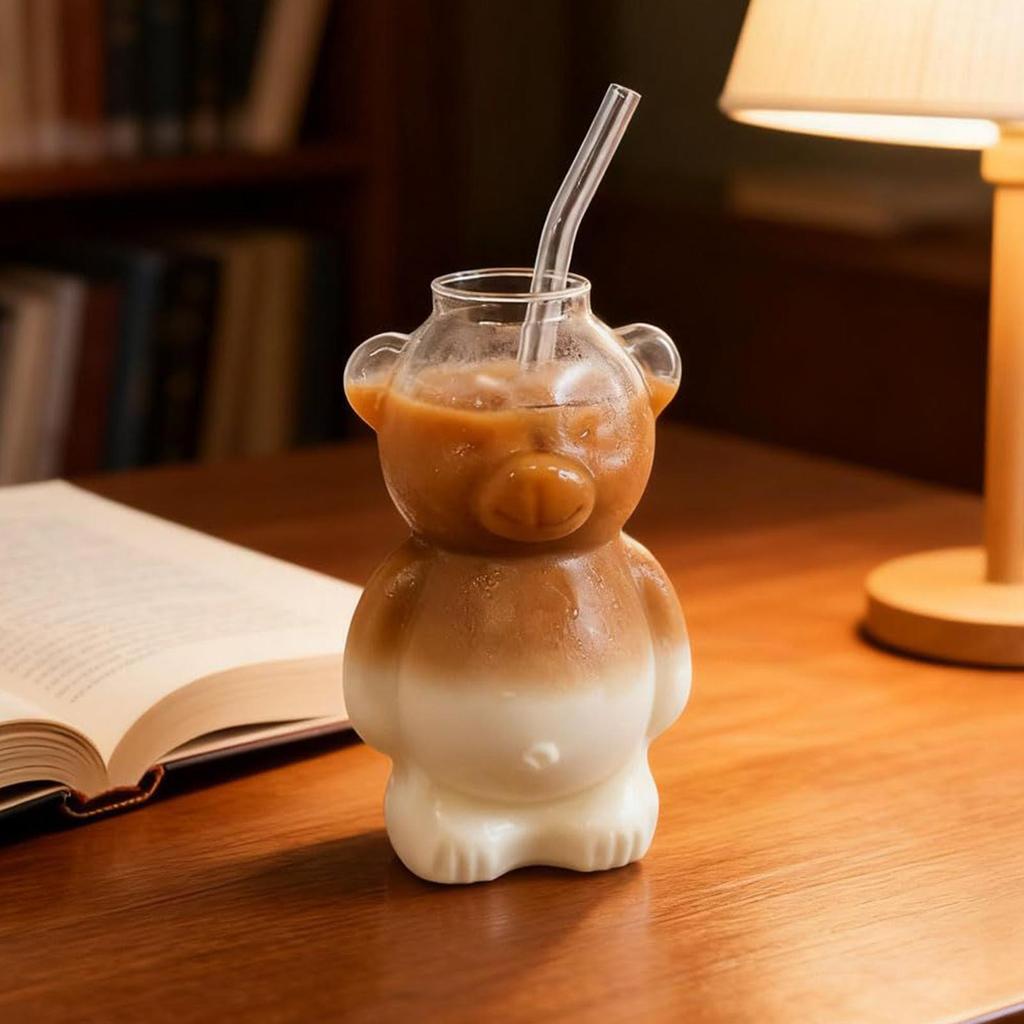 Bear Cup With Straw 320ML Glass Leak-Proof Mug Cute Ice Coffee Cups For Kids Students Teens Water Milk Cold Drinks Juice Milk
