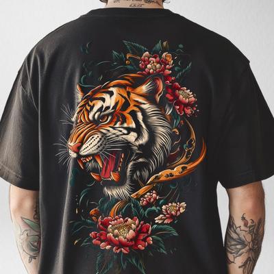 Oversized Japanese Tiger T-Shirt – Floral Streetwear Tee, Traditional Vintage Japanese Streetwear
