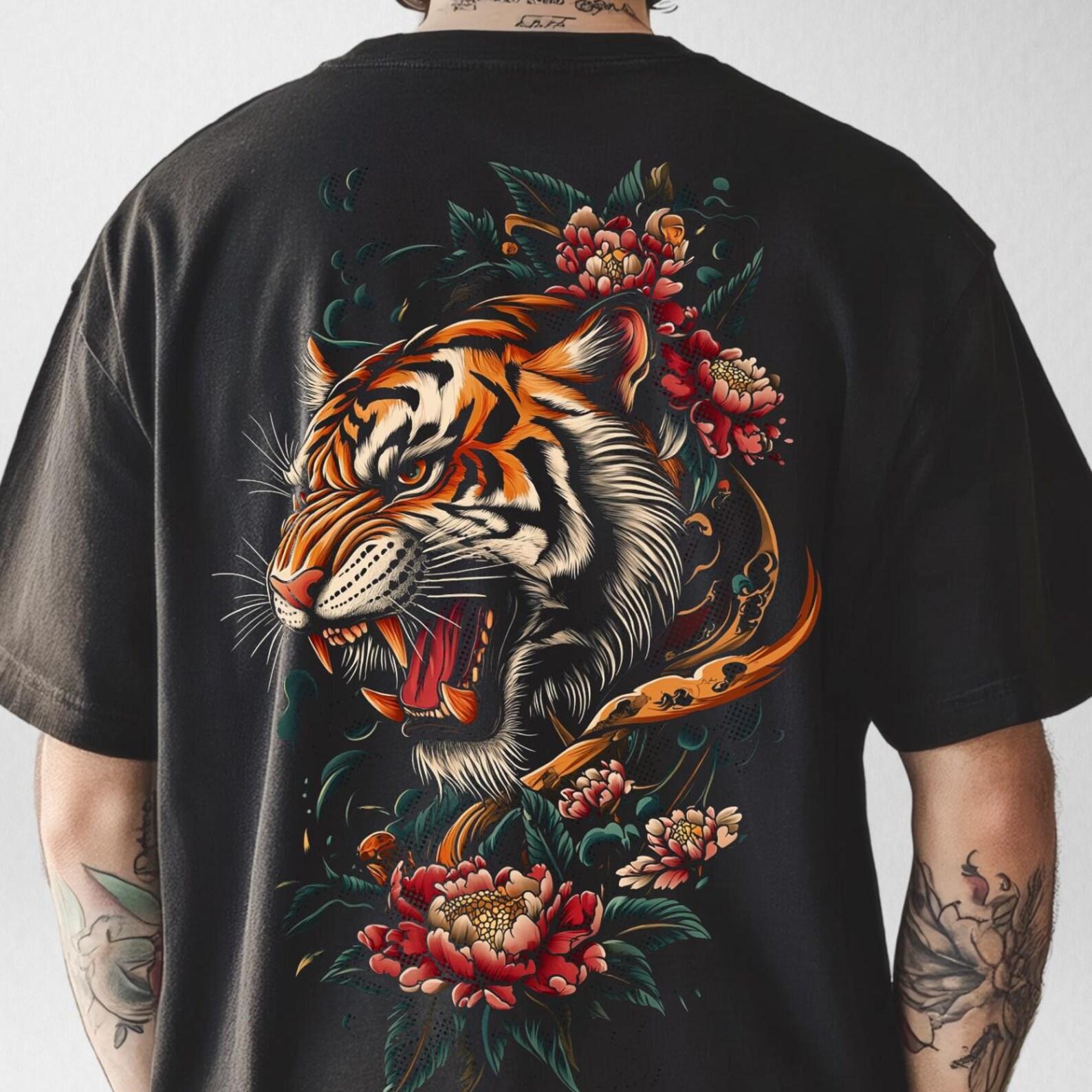 Oversized Japanese Tiger T-Shirt – Floral Streetwear Tee, Traditional Vintage Japanese Streetwear 3XL