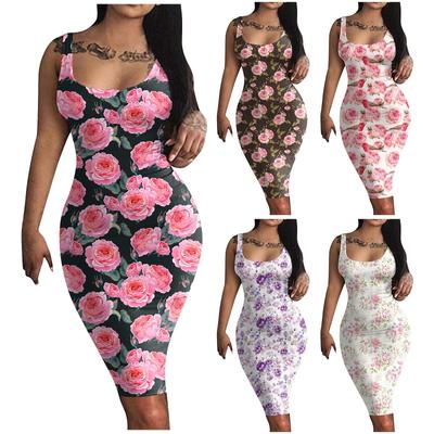 Women Summer Dress Floral Print Round Neck Sleeveless Tank Dress Close Fitting Club Beach Midi Dress Wool Dress