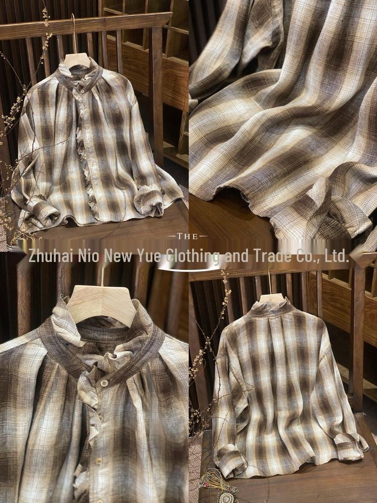 Women's Japanese-Style Coffee Plaid Lace Single-Breasted Shirt - A Little Blue