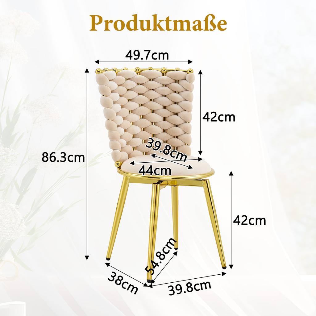 Set of 2 Decorative Dining Chairs Made of Velvet Fabric, with Gold-Colored Metal Legs, Upholstered Seats and Backrests Made of Braided Rope