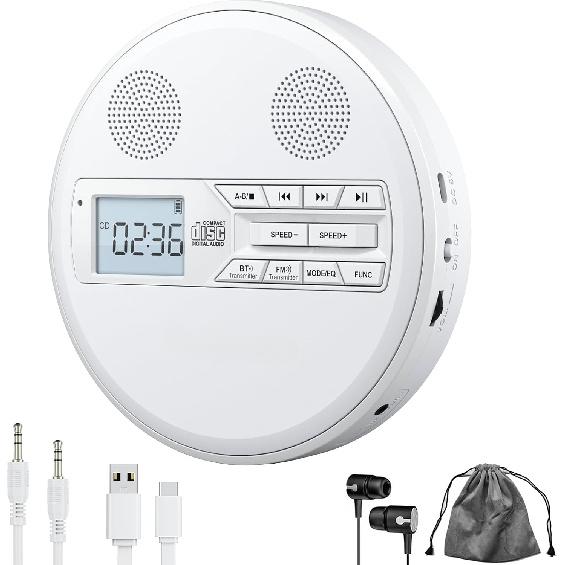 Rechargeable Portable CD Player with Dual Speakers and Anti Skip,Dual Bluetooth,FM Transmission,USB,AUX,LCD Display,Sensitive Button,Repeat,10 Speeds