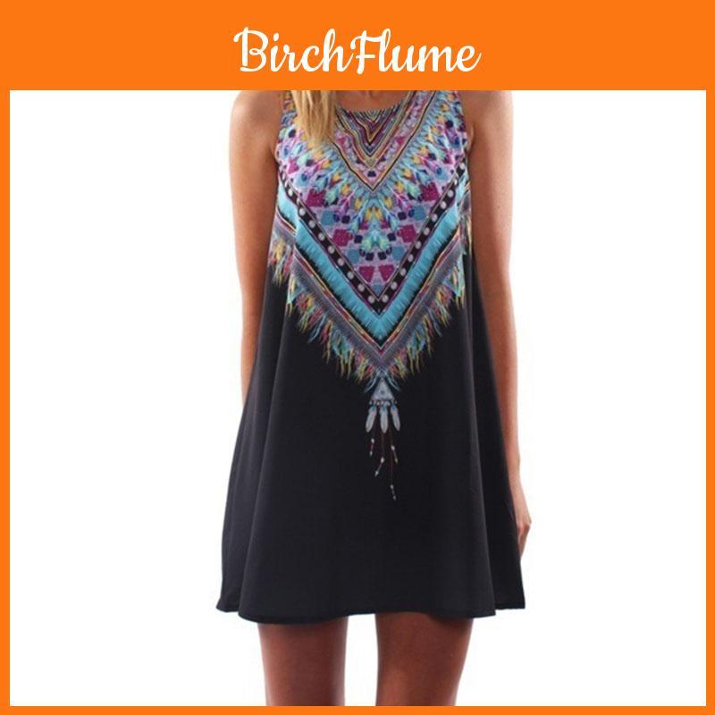 Dresses Women Loose Sleeveless Mini Dress Vintage Hippie Beachwear Boho Pritned
