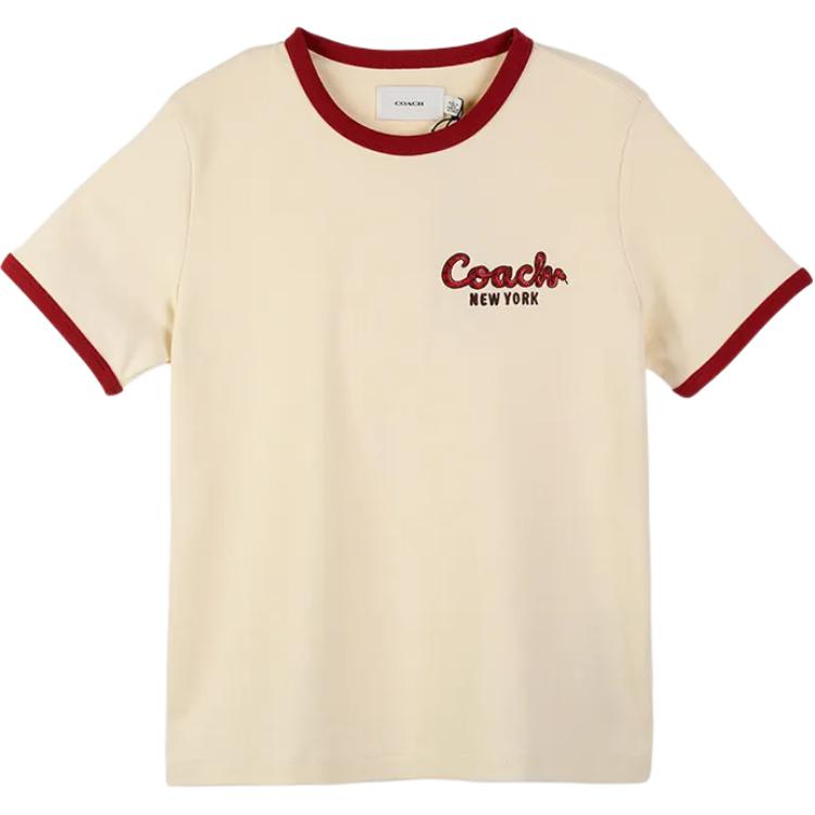 Coach Женская футболка с принтом букв Ss25, круглым вырезом и короткими рукавами, бежевая CZ421-CRM XS