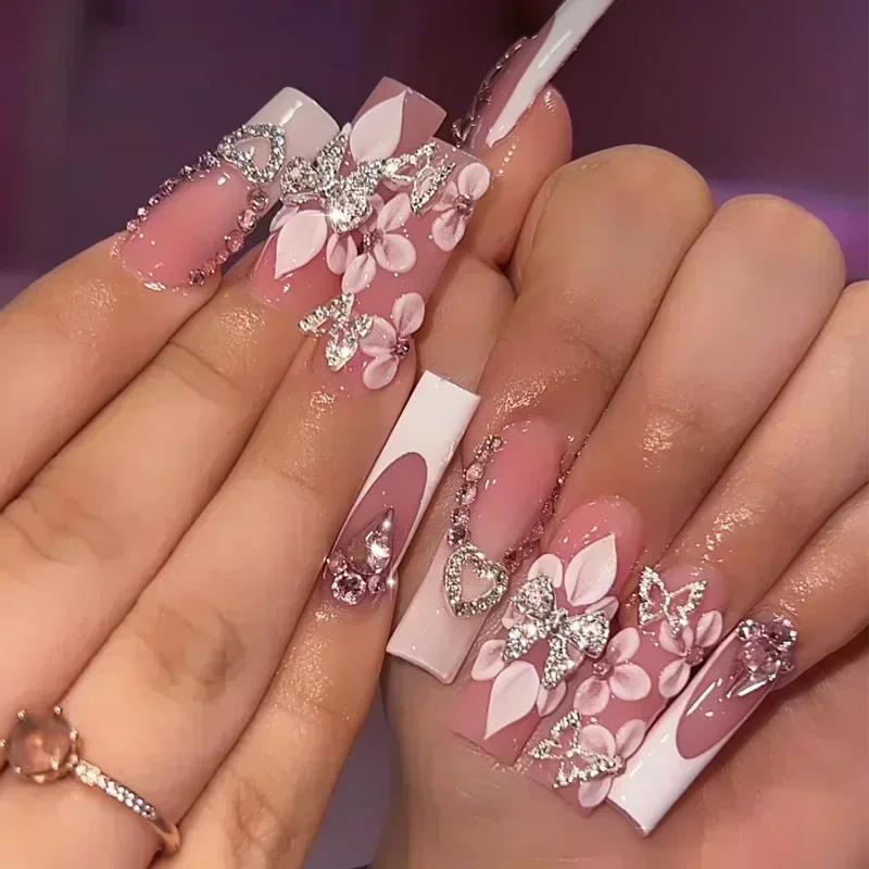 24 Pcs Pink French Tip Star Long Coffin False Nails Ballet Wearable Full Cover Press On Nail Tips Art