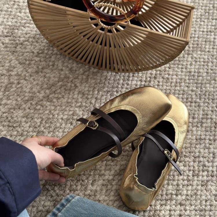 Sheepskin Retro Oblique Head Ballet Shoes Women Wear One-word Buckle Belt Temperament Flat Mary Jane Single Shoes Grandma Shoes Women