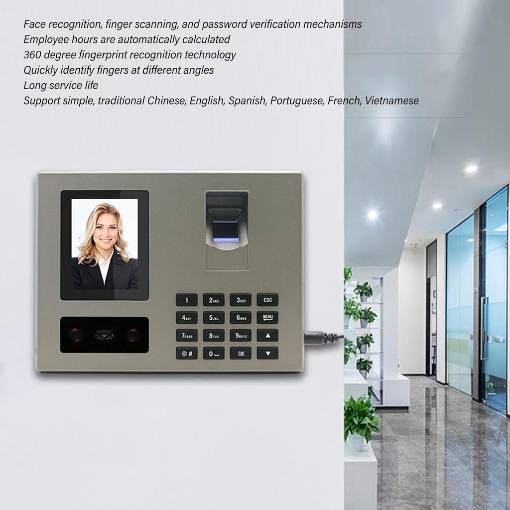 Fingerprint Time Clock, Face Biometric Fingerprint Password Attendance Machine for Employees Small Business with TFT LCD Screen, Up To 1500 Users (US