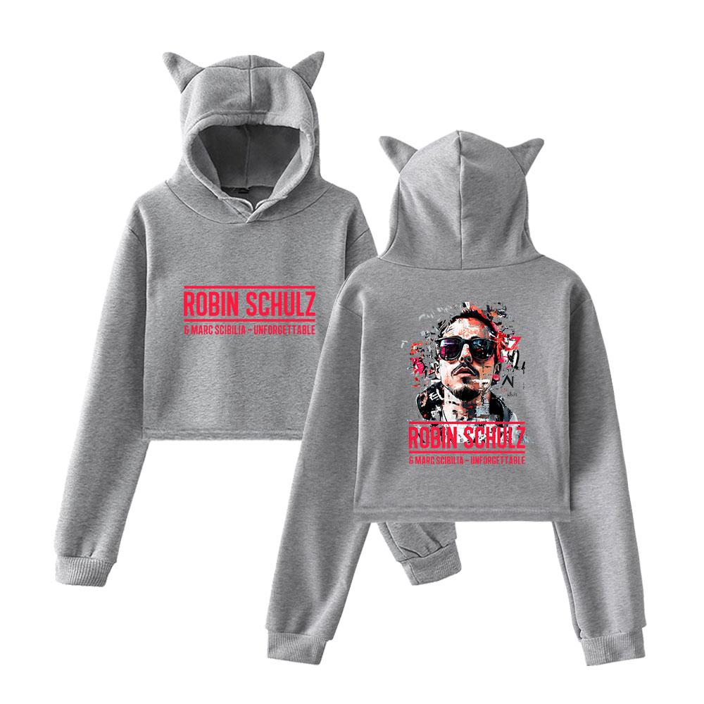 Fashion Robin Schulz Printed Kawaii Crop Top Hoodie Funny Cat Ear Cropped Short Sweatshirt Hooded Pullover Women Tops Streetwear