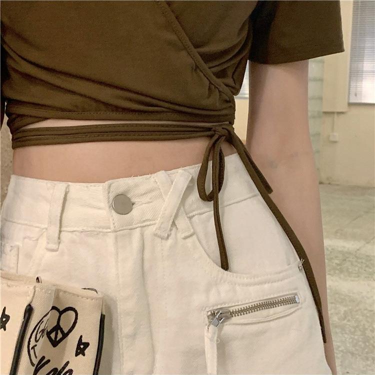 Letní sexy ramínko s výstřihem do V, ležérní slim tričko dámské streetwear Harajuku pevné krátké rukávy trička pro ženy Y2k crop topy vintage oblečení