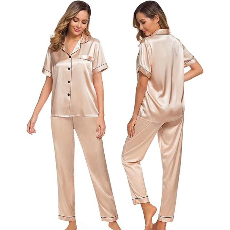 Amazon Independent Station Eisseiden-Pyjama Satin-Set Kurzarm Lange Hose Übergröße Damen Loungewear