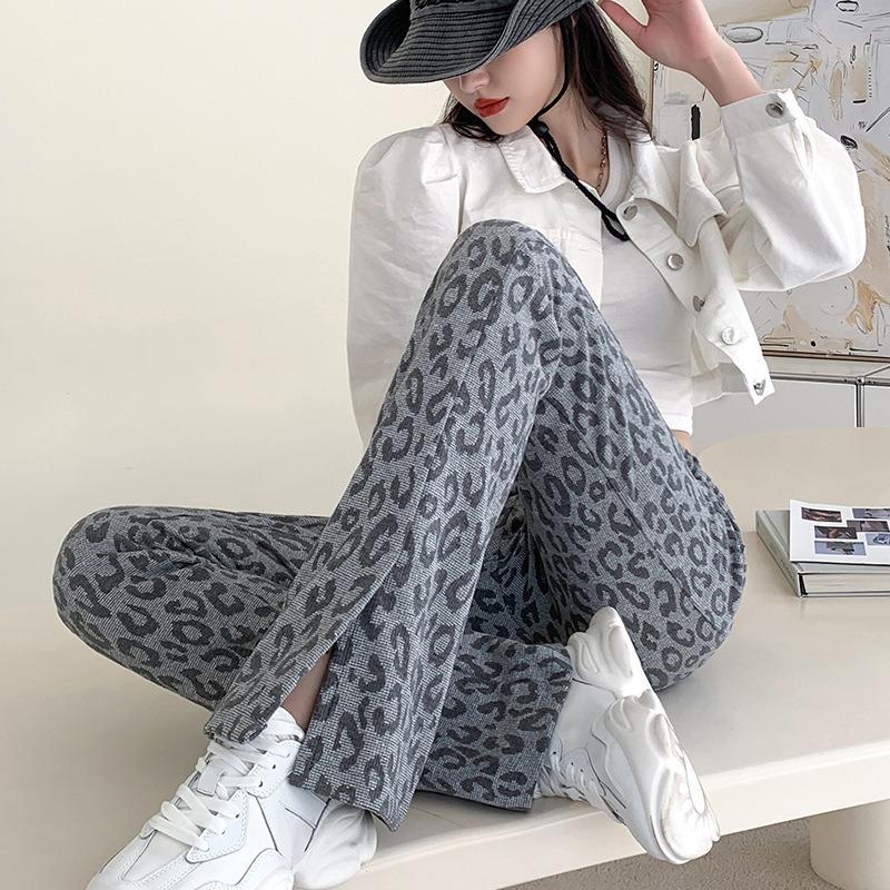 Grey Flared Pants Women's Trousers Autumn and Winter New High-waisted Split Checkerboard Drooping Feeling Lazy Wind Straight Casual Trousers
