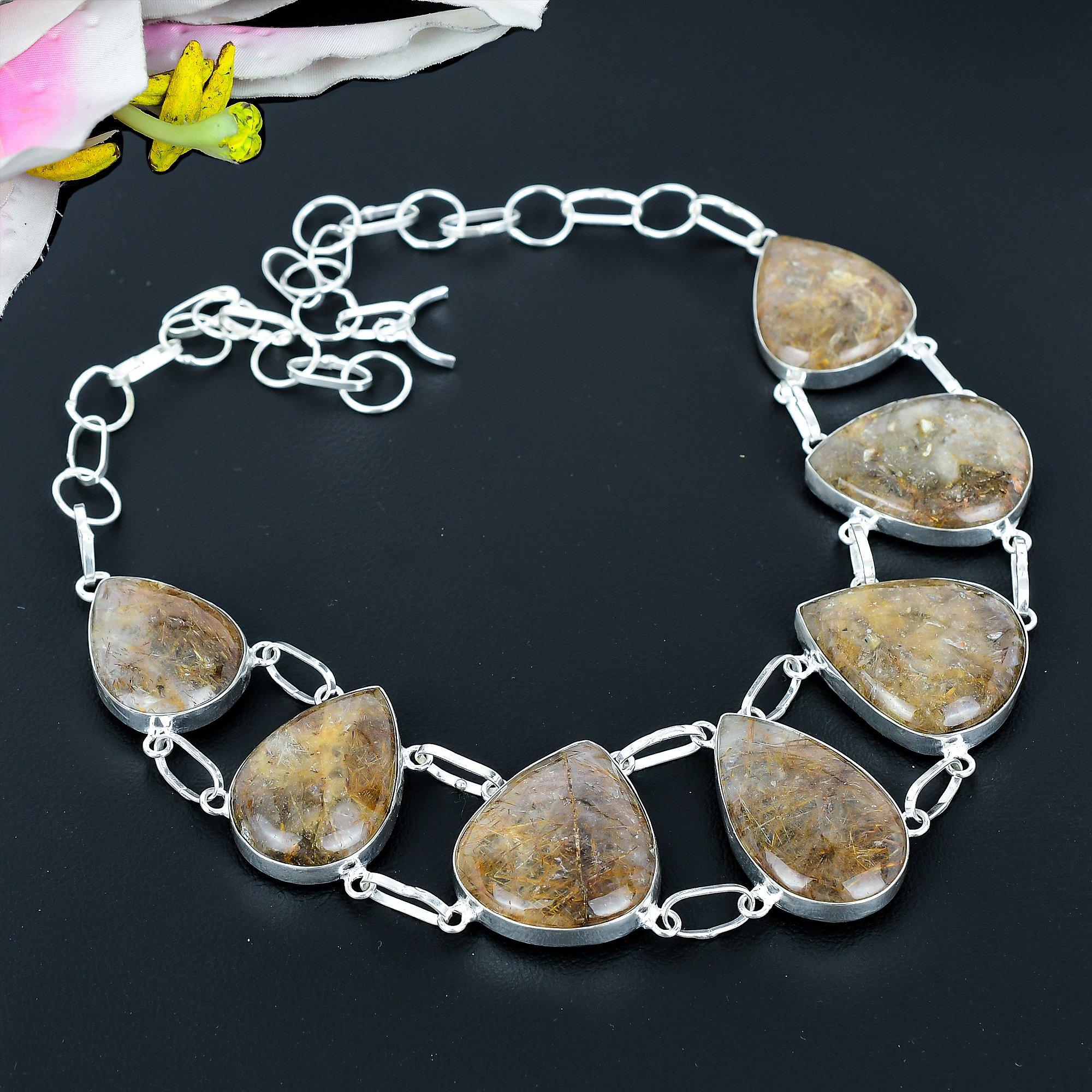 

Golden Rutile Gemstone Handmade 925 Sterling Silver Jewelry Necklace 18 KG-1972