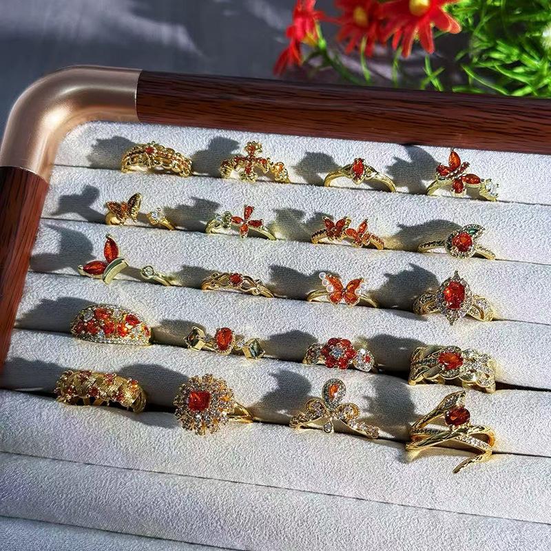 Medieval Vintage Orange Red Zircon Inlaid Simple Open Ring Female Retro Flower Temperament Niche Index Finger Ring