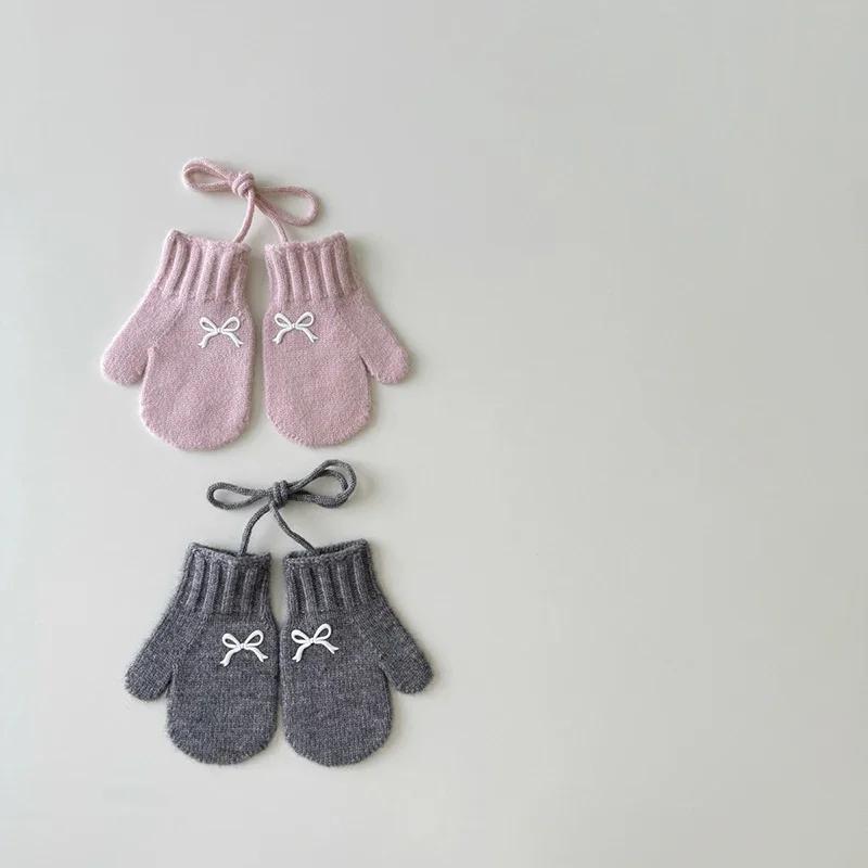 Sweet Bow Kids Girl Knitted Gloves Solid Color Woolen Hanging Neck Mittens Winter Warm Children Glove 3-6Year Baby Hand Cover