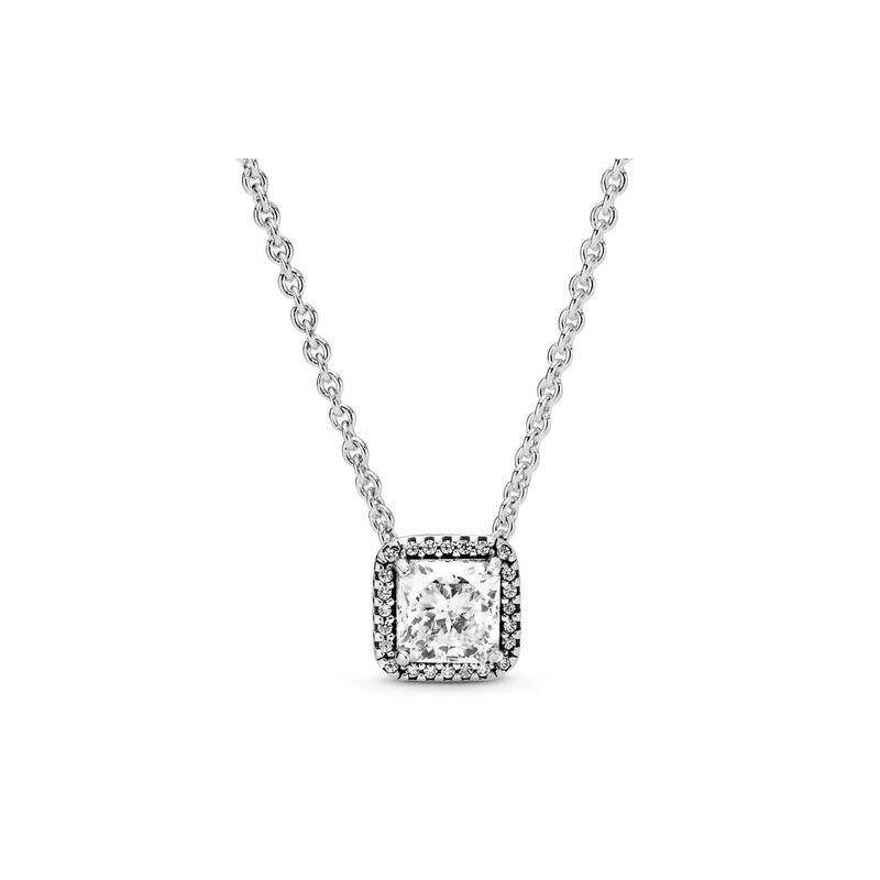 Pandora Square gemstone brilliant halo 925 silver cubic zirconia necklace for women 396241CZ серебряный