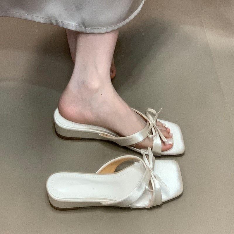 Square head cross one-word slippers women's summer bow with skirt cool slippers