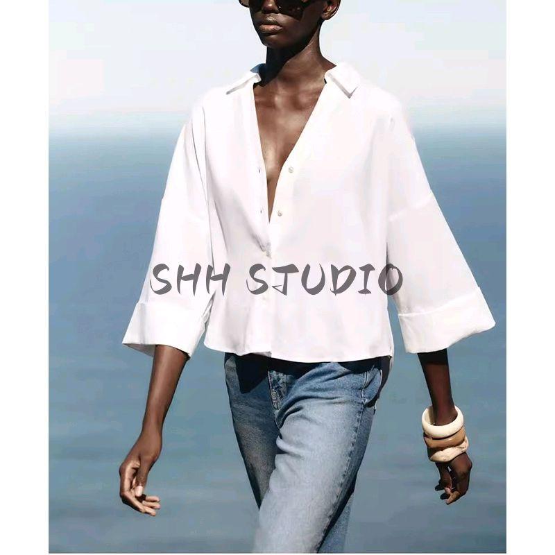 Summer New Product Women's Clothes Minimalist V-Shaped Lapel Linen Blended Plaid Wide Sleeve Lapel Shirt 2340712