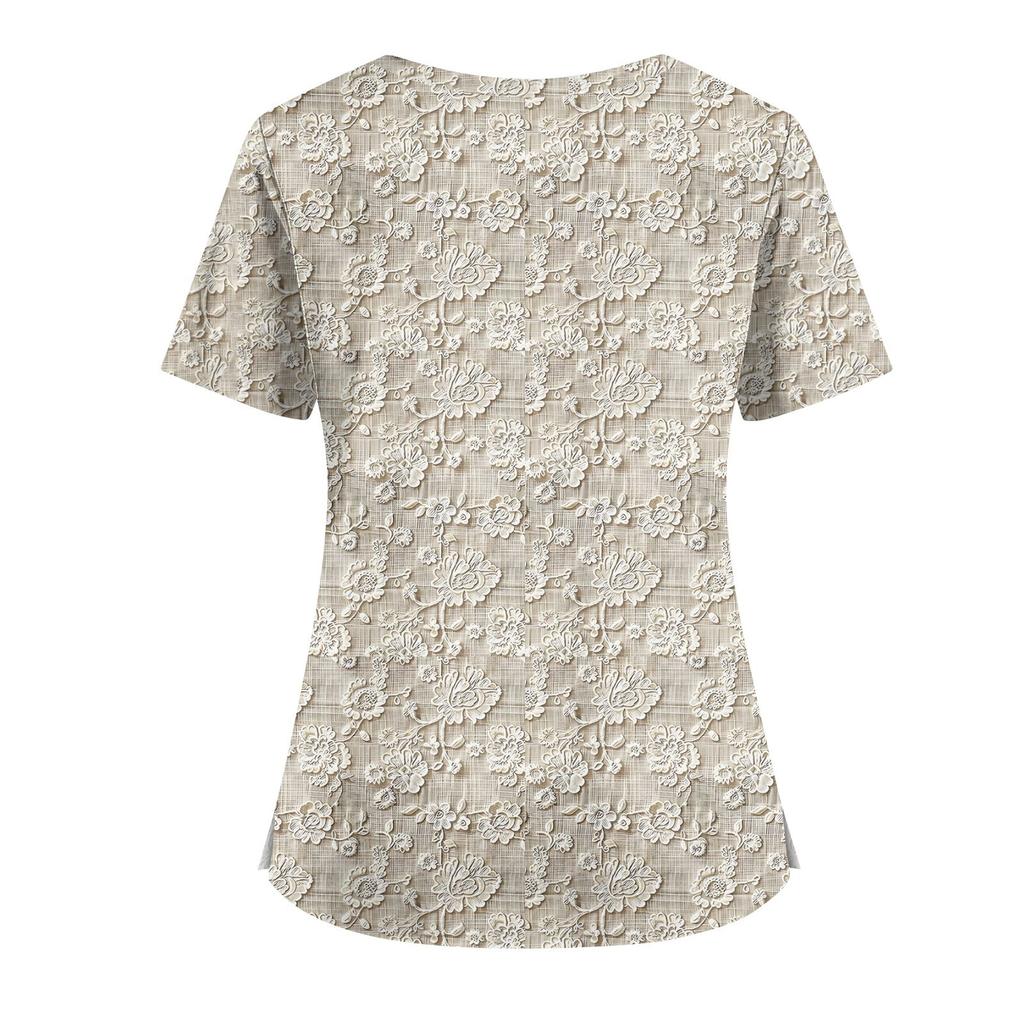 Plus SizePrinted Scrub Working Uniform Tops For Women's Cross V-Neck Halloween Print Short Sleeve Fun T-Shirts Workwear Tee With Pockets