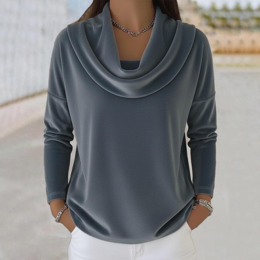 New Autumn-winter Women's Pure-color Long-sleeved Gathered-neck Velvet Top with Loose Fit for Slimming Effect and Suitable for Business Wear.