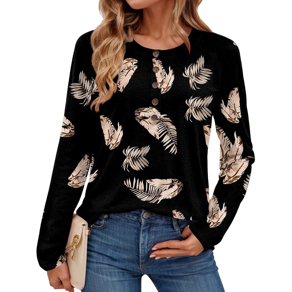 Top de manga larga con cuello redondo y estampado floral vintage de moda para mujer