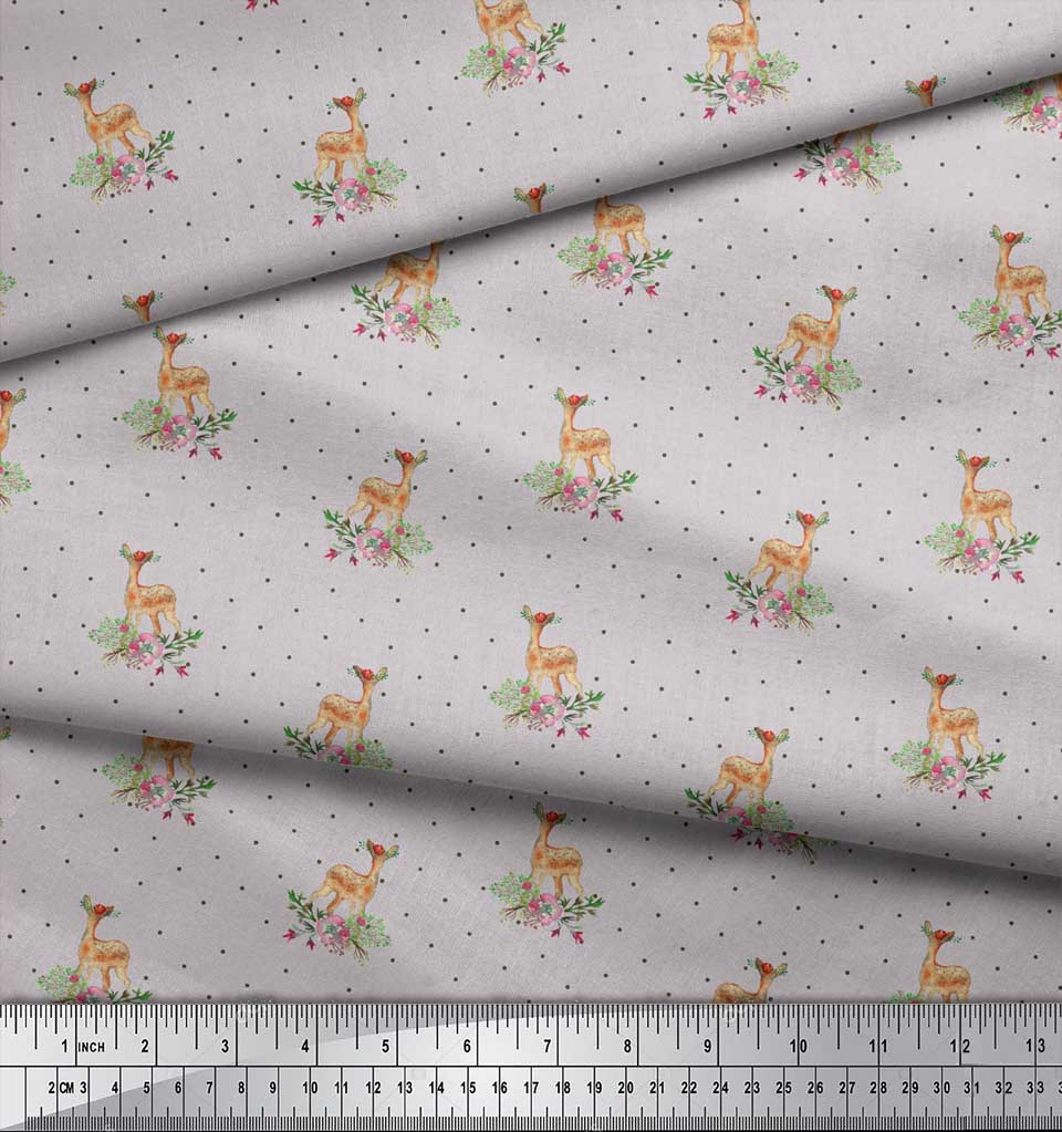 Soimoi Gray Japan Crepe Satin Fabric Dot & Deer Animal Print Sewing Fabric metre 42 Inch